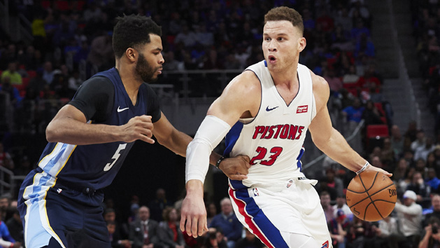 Feb 1, 2018; Detroit, MI, USA; Detroit Pistons forward Blake Griffin (23) dribbles defended by Memphis Grizzlies guard Andrew Harrison (5) in the second half at Little Caesars Arena. Photo Credit: Rick Osentoski-USA TODAY Sports