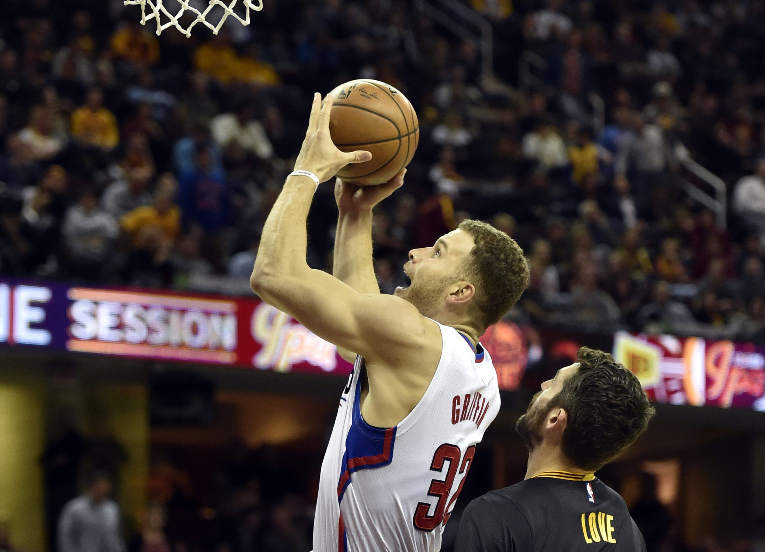 Dec 1, 2016; Cleveland, OH, USA; LA Clippers forward Blake Griffin (32) drives against Cleveland Cavaliers forward Kevin Love (0) in the third quarter at Quicken Loans Arena. Photo Credit: David Richard-USA TODAY Sports
