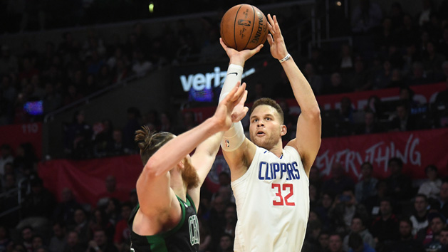 Jan 24, 2018; Los Angeles, CA, USA; LA Clippers forward Blake Griffin (32) shoots the ball over Boston Celtics center Aron Baynes (46) during the second half at Staples Center. Photo Credit: Richard Mackson-USA TODAY Sports