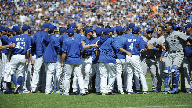 Aug 2, 2015; Toronto, Ontario, CAN; Toronto Blue Jays and Kansas City Royals players confrontation after relief pitcher Aaron Sanchez (41) pitches and hits Kansas City Royals short stop Alcides Escobar (2) (not in picture) and gets ejected by home plate umpire Jim Wolf in the eighth inning at Rogers Centre. Blue Jays beat Royals 5 - 2. Photo Credit: Peter Llewellyn-USA TODAY Sports