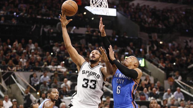 May 10, 2016; San Antonio, TX, USA; San Antonio Spurs power forward Boris Diaw (33) drives to the basket as Oklahoma City Thunder shooting guard Randy Foye (6) defends in game five of the second round of the NBA Playoffs at AT&T Center. Photo Credit: Soobum Im-USA TODAY Sports