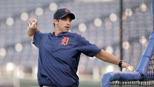 Sep 2, 2015; Kansas City, MO, USA; Detroit Tigers manager Brad Ausmus (7) throws pitches during batting practice before the game against the Kansas City Royals at Kauffman Stadium. Mandatory Credit: Denny Medley-USA TODAY Sports