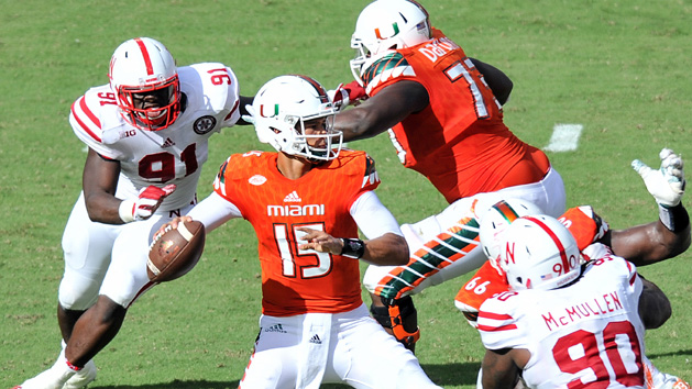 Sep 19, 2015; Miami Gardens, FL, USA; Miami Hurricanes quarterback Brad Kaaya (15) throws a pass against Nebraska Cornhuskers during the first half at Sun Life Stadium. Mandatory Credit: Steve Mitchell-USA TODAY Sports