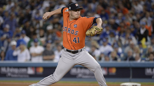 Nov 1, 2017; Los Angeles, CA, USA; Houston Astros pitcher Brad Peacock throws a pitch against the Los Angeles Dodgers in the fourth inning in game seven of the 2017 World Series at Dodger Stadium. Photo Credit: Gary A. Vasquez-USA TODAY Sports