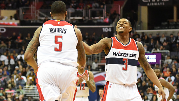 Jan 31, 2017; Washington, DC, USA; Washington Wizards guard Bradley Beal (3) reacts after forward Markieff Morris (5) basket during the fourth quarter against the New York Knicks at Verizon Center. Washington Wizards defeated New York Knicks 117-101. Photo Credit: Tommy Gilligan-USA TODAY Sports