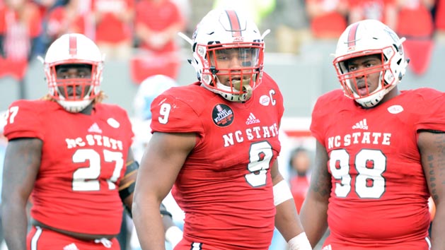 Nov 25, 2017; Raleigh, NC, USA; North Carolina State Wolfpack defensive end Bradley Chubb (9) looks to the sideline for a play call during the first half against the North Carolina Tar Heels at Carter-Finley Stadium. Photo Credit: Rob Kinnan-USA TODAY Sports