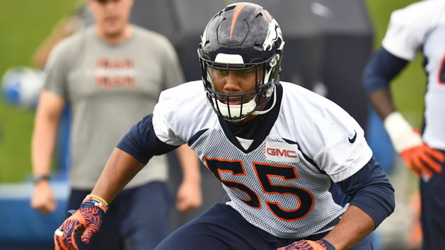 May 12, 2018; Englewood, Denver, USA; Denver Broncos outside linebacker Bradley Chubb (55) participates in drills during rookie minicamp at the UCHealth Training Center. Photo Credit: Ron Chenoy-USA TODAY Sports