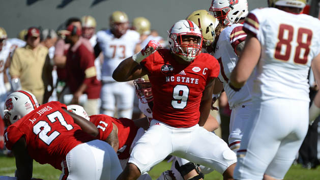 Oct 29, 2016; Raleigh, NC, USA; North Carolina State Wolfpack defensive end Bradley Chubb (9) reacts during the first half against the Boston College Eagles at Carter Finley Stadium. Photo Credit: Rob Kinnan-USA TODAY Sports