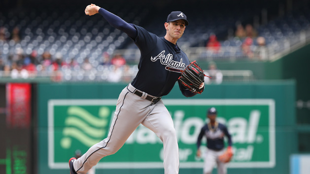 Apr 11, 2018; Washington, DC, USA; Atlanta Braves starting pitcher Brandon McCarthy (32) pitches against the Washington Nationals in the first inning at Nationals Park. Photo Credit: Geoff Burke-USA TODAY Sports