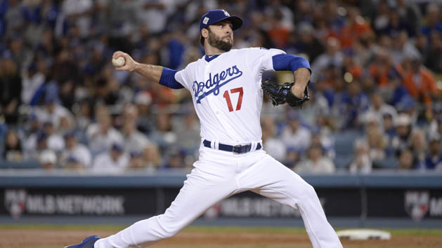 Nov 1, 2017; Los Angeles, CA, USA; Los Angeles Dodgers relief pitcher Brandon Morrow throws a pitch against the Houston Astros in the second inning in game seven of the 2017 World Series at Dodger Stadium. Photo Credit: Gary A. Vasquez-USA TODAY Sports