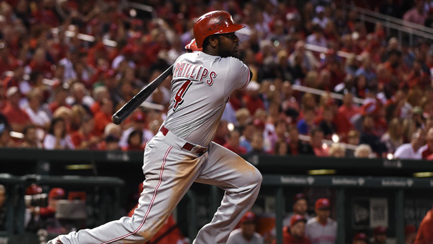 Sep 26, 2016; St. Louis, MO, USA; Cincinnati Reds second baseman Brandon Phillips (4) hits a two-run single off of St. Louis Cardinals relief pitcher Michael Wacha (not pictured) during the fourth inning at Busch Stadium. Photo Credit: Jeff Curry-USA TODAY Sports