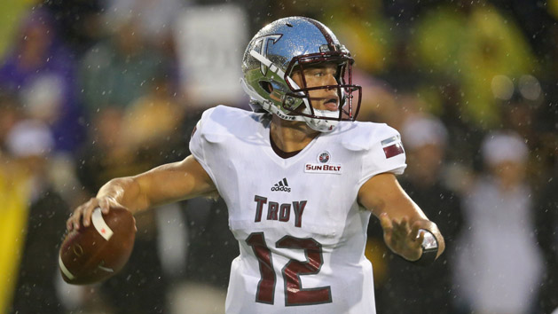 Sep 17, 2016; Hattiesburg, MS, USA; Troy Trojans quarterback Brandon Silvers (12) looks to throw in the first quarter against the Southern Miss Golden Eagles at M.M. Roberts Stadium. Photo Credit: Chuck Cook-USA TODAY Sports