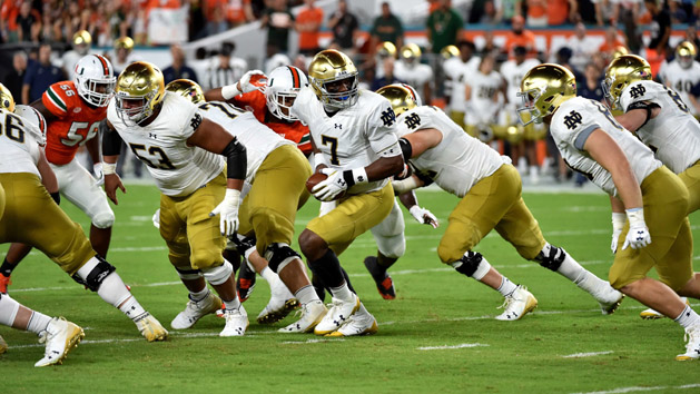 Nov 11, 2017; Miami Gardens, FL, USA; Notre Dame Fighting Irish quarterback Brandon Wimbush (7) drops back during a game against Miami Hurricanes at Hard Rock Stadium. Photo Credit: Steve Mitchell-USA TODAY Sports