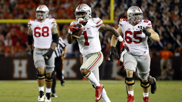 Sep 7, 2015; Blacksburg, VA, USA; Ohio State Buckeyes wide receiver Braxton Miller (1) runs for a touchdown during the third quarter against the Virginia Tech Hokies at Lane Stadium. Mandatory Credit: Peter Casey-USA TODAY Sports