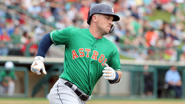 Mar 17, 2019; Lake Buena Vista, FL, USA; Houston Astros shortstop baseman Alex Bregman (2) doubles during the fourth inning against the Atlanta Braves at Champion Stadium. Photo Credit: Kim Klement-USA TODAY Sports