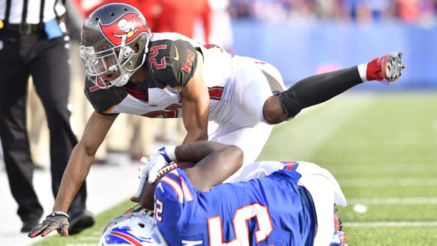 Oct 22, 2017; Orchard Park, NY, USA; Tampa Bay Buccaneers cornerback Brent Grimes (24) makes a tackle on Buffalo Bills running back LeSean McCoy (25) during the fourth quarter of a game at New Era Field. Photo Credit: Mark Konezny-USA TODAY Sports