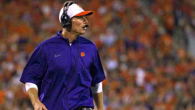 Oct 25, 2014; Clemson, SC, USA; Clemson Tigers defensive coordinator Brent Venables reacts during the first quarter against the Syracuse Orange at Clemson Memorial Stadium. Mandatory Credit: Joshua S. Kelly-USA TODAY Sports