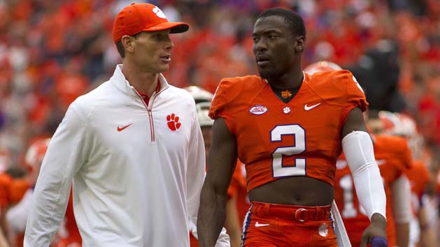 Nov 7, 2015; Clemson, SC, USA; Clemson Tigers defensive coordinator Brent Venables talks with Tigers cornerback Mackensie Alexander (2) prior to the game against the Florida State Seminoles at Clemson Memorial Stadium. Mandatory Credit: Joshua S. Kelly-USA TODAY Sports