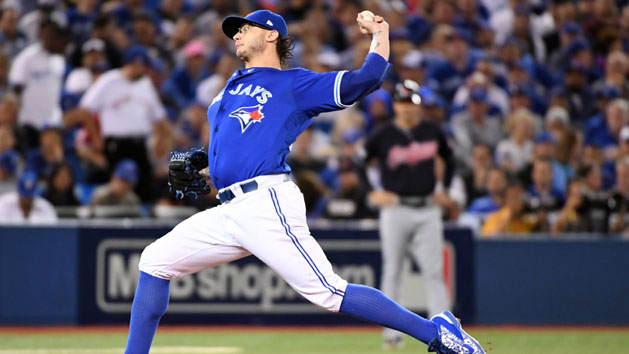Oct 19, 2016; Toronto, Ontario, CAN; Toronto Blue Jays relief pitcher Brett Cecil (27) pitches during the seventh inning against the Cleveland Indians in game five of the 2016 ALCS playoff baseball series at Rogers Centre. Photo Credit: Nick Turchiaro-USA TODAY Sports