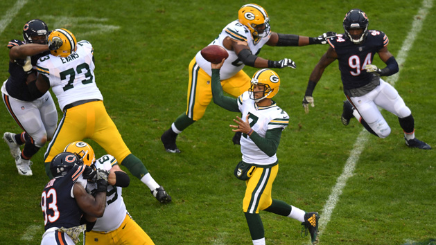 Nov 12, 2017; Chicago, IL, USA; Green Bay Packers quarterback Brett Hundley (7) passes against the Chicago Bears during the first half at Soldier Field. Photo Credit: Patrick Gorski-USA TODAY Sports
