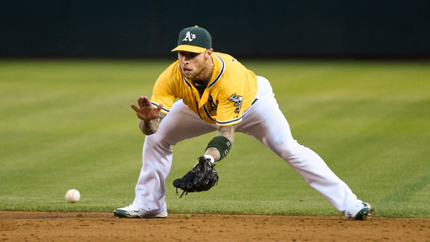 August 21, 2015; Oakland, CA, USA; Oakland Athletics second baseman Brett Lawrie (15) catches a ground ball during the third inning against the Tampa Bay Rays at O.co Coliseum. The Rays defeated the Athletics 2-1. Mandatory Credit: Kyle Terada-USA TODAY Sports