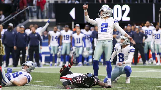 Nov 18, 2018; Atlanta, GA, USA; Dallas Cowboys kicker Brett Maher (2) kicks a game-winning field goal against the Atlanta Falcons in the fourth quarter at Mercedes-Benz Stadium. Photo Credit: Brett Davis-USA TODAY Sports