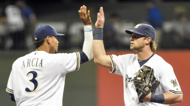 Aug 31, 2016; Milwaukee, WI, USA; Milwaukee Brewers center fielder Kirk Nieuwenhuis (right) celebrates with shortstop Orlando Arcia, left, after the Brewers beat the St. Louis Cardinals 3-1 at Miller Park. Photo Credit: Benny Sieu-USA TODAY Sports