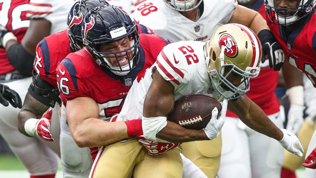 Dec 10, 2017; Houston, TX, USA; Houston Texans inside linebacker Brian Cushing (56) tackles San Francisco 49ers running back Matt Breida (22) during the game at NRG Stadium. Photo Credit: Troy Taormina-USA TODAY Sports