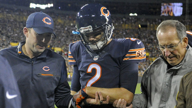 Oct 20, 2016; Green Bay, WI, USA; Chicago Bears quarterback Brian Hoyer (2) leaves the game with an injury in the second quarter during the game against the Green Bay Packers at Lambeau Field. Photo Credit: Benny Sieu-USA TODAY Sports