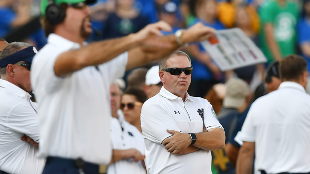 Sep 24, 2016; South Bend, IN, USA; Notre Dame Fighting Irish head coach Brian Kelly reacts on the sideline in the second quarter against the Duke Blue Devils at Notre Dame Stadium. Photo Credit: Matt Cashore-USA TODAY Sports