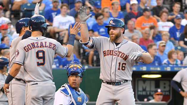 Jun 5, 2017; Kansas City, MO, USA; Houston Astros catcher Brian McCann (16) is congratulated by left fielder Marwin Gonzalez (9) after hitting a two run home run in the fourth inning against the Kansas City Royals at Kauffman Stadium. Photo Credit: Denny Medley-USA TODAY Sports