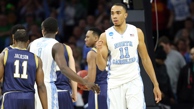 Mar 27, 2016; Philadelphia, PA, USA; North Carolina Tar Heels forward Brice Johnson (11) reacts against the Notre Dame Fighting Irish during the first half in the championship game in the East regional of the NCAA Tournament at Wells Fargo Center. Mandatory Credit: Bill Streicher-USA TODAY Sports