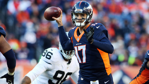 Dec 13, 2015; Denver, CO, USA; Denver Broncos quarterback Brock Osweiler (17) looks to pass the ball during the first half against the Oakland Raiders at Sports Authority Field at Mile High. Mandatory Credit: Chris Humphreys-USA TODAY Sports