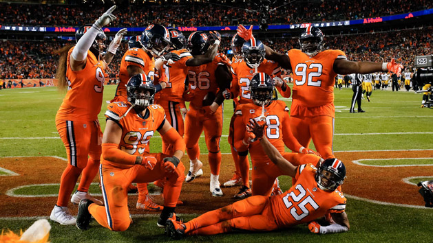 Nov 25, 2018; Denver, CO, USA; Denver Broncos nose tackle Shelby Harris (96) celebrates his interception with teammates in the fourth quarter against the Pittsburgh Steelers at Broncos Stadium at Mile High. Photo Credit: Isaiah J. Downing-USA TODAY Sports