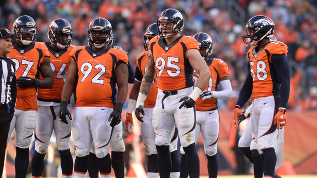 Jan 3, 2016; Denver, CO, USA; Denver Broncos outside linebacker Von Miller (58) and defensive end Derek Wolfe (95) and nose tackle Sylvester Williams (92) and outside linebacker DeMarcus Ware (94) and defensive end Malik Jackson (97) during the first quarter against the San Diego Chargers at Sports Authority Field at Mile High. Photo Credit: Ron Chenoy-USA TODAY Sports