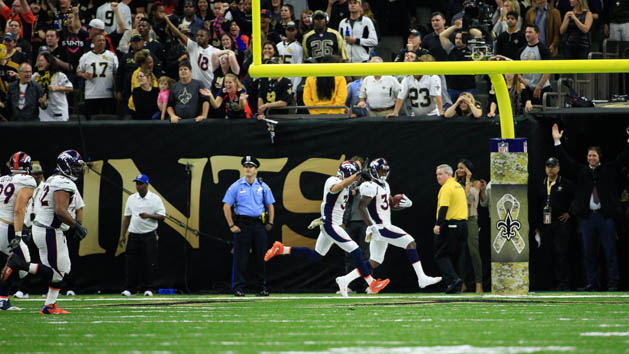 Nov 13, 2016; New Orleans, LA, USA; Denver Broncos defensive back Will Parks (34) returns a blocked extra point for two points during the fourth quarter of a game against the New Orleans Saints at the Mercedes-Benz Superdome. The Broncos defeated the Saints 25-23. Photo Credit: Derick E. Hingle-USA TODAY Sports