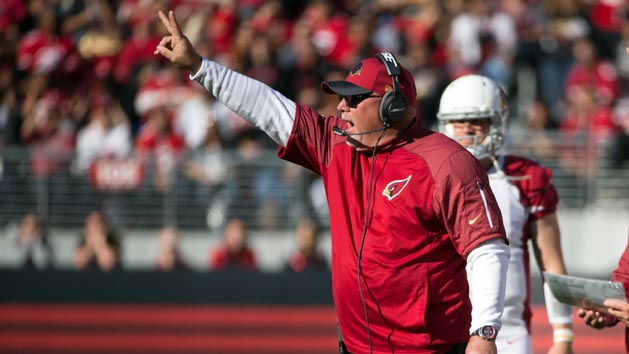 Nov 29, 2015; Santa Clara, CA, USA; Arizona Cardinals head coach Bruce Arians gestures from the sideline against the San Francisco 49ers during the first quarter at Levi's Stadium. Photo Credit: Kelley L Cox-USA TODAY Sports
