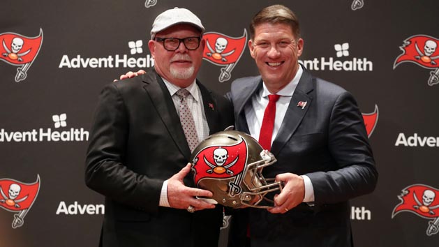 Jan 10, 2019; Tampa, FL, USA; Tampa Bay Buccaneers general manager Jason Licht and head coach Bruce Arians pose for a photo at AdventHealth Training Center. Photo Credit: Kim Klement-USA TODAY Sports