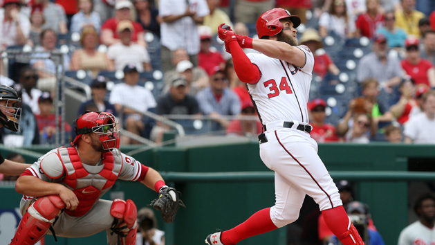 Apr 16, 2017; Washington, DC, USA; Washington Nationals right fielder Bryce Harper (34) hits a game-winning walk-off three run home run against the Philadelphia Phillies in the bottom of the ninth inning at Nationals Park. The Nationals won 6-4. Photo Credit: Geoff Burke-USA TODAY Sports