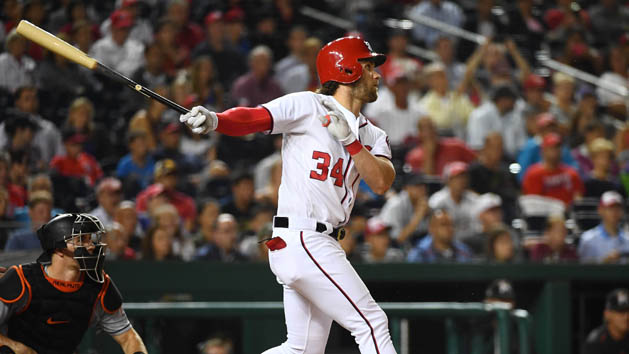Aug 7, 2017; Washington, DC, USA; Washington Nationals right fielder Bryce Harper (34) singles in the eighth inning against the Miami Marlins at Nationals Park. Photo Credit: Brad Mills-USA TODAY Sports