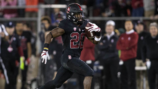 Oct 14, 2017; Stanford, CA, USA; Stanford Cardinal running back Bryce Love (20) runs for a touchdown against the Oregon Ducks during the first quarterat Stanford Stadium. Photo Credit: Neville E. Guard-USA TODAY Sports