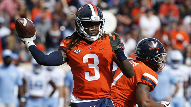 Oct 27, 2018; Charlottesville, VA, USA; Virginia Cavaliers quarterback Bryce Perkins (3) passes the ball against the North Carolina Tar Heels in the third quarter at Scott Stadium. Photo Credit: Geoff Burke-USA TODAY Sports