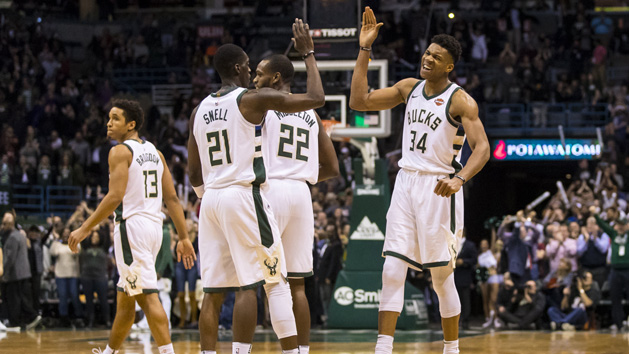 Dec 19, 2017; Milwaukee, WI, USA; Milwaukee Bucks forward Giannis Antetokounmpo (34) celebrates after making a basket during the fourth quarter against the Cleveland Cavaliers at BMO Harris Bradley Center. Photo Credit: Jeff Hanisch-USA TODAY Sports