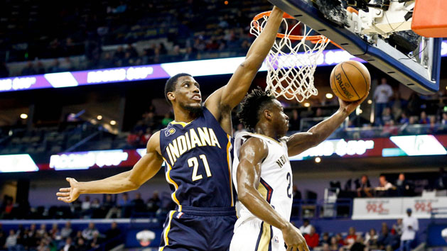 Dec 15, 2016; New Orleans, LA, USA; New Orleans Pelicans guard Buddy Hield (24) shoots over Indiana Pacers forward Thaddeus Young (21) during the second half of a game at the Smoothie King Center. The Pelicans defeated the Pacers 102-95. Photo Credit: Derick E. Hingle-USA TODAY Sports