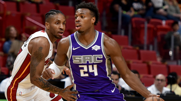 Oct 29, 2018; Miami, FL, USA; Miami Heat forward Rodney McGruder (17) apples pressure to Sacramento Kings guard Buddy Hield (24) during the first half at American Airlines Arena. Photo Credit: Steve Mitchell-USA TODAY Sports
