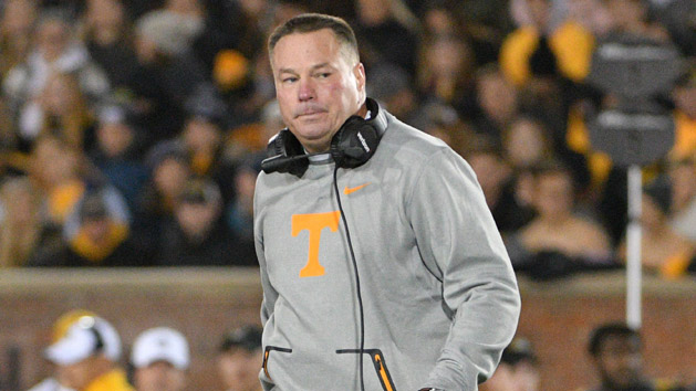 Nov 11, 2017; Columbia, MO, USA; Tennessee Volunteers head coach Butch Jones returns to the sidelines after an injury timeout during the first half against the Missouri Tigers at Faurot Field. Photo Credit: Denny Medley-USA TODAY Sports
