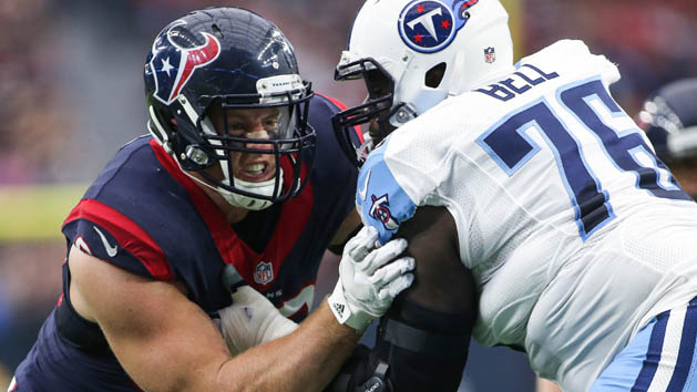 Nov 1, 2015; Houston, TX, USA; Houston Texans defensive end J.J. Watt (99) rushes against Tennessee Titans offensive guard Byron Bell (76) during a game at NRG Stadium. Photo Credit: Troy Taormina-USA TODAY Sports