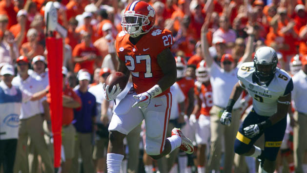 Sep 2, 2017; Clemson, SC, USA; Clemson Tigers running back C.J. Fuller (27) carries the ball for a touchdown during the first quarter against the Kent State Golden Flashes at Clemson Memorial Stadium. Photo Credit: Joshua S. Kelly-USA TODAY Sports