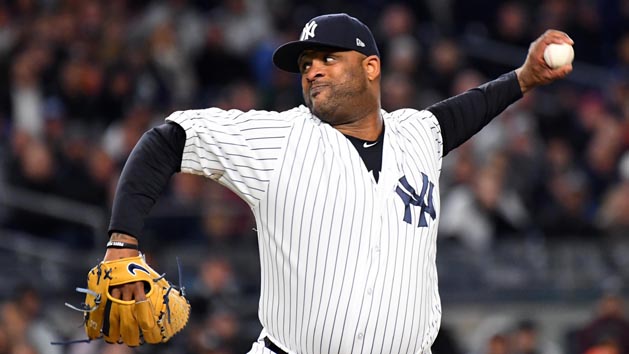 Oct 16, 2017; Bronx, NY, USA; New York Yankees starting pitcher CC Sabathia (52) pitches during the sixth inning against the Houston Astros during game three of the 2017 ALCS playoff baseball series at Yankee Stadium. Photo Credit: Robert Deutsch-USA TODAY Sports