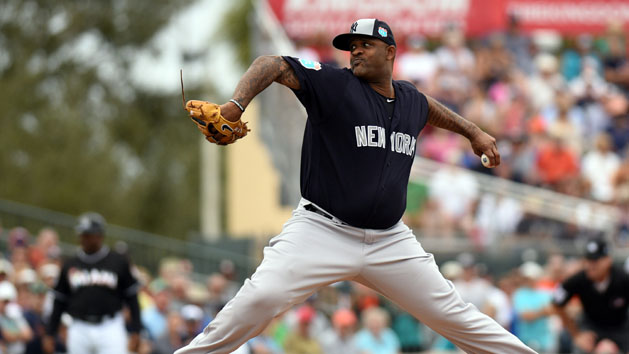 Mar 8, 2016; Jupiter, FL, USA; New York Yankees starting pitcher CC Sabathia (52) throws against the Miami Marlins during a spring training game at Roger Dean Stadium. Mandatory Credit: Steve Mitchell-USA TODAY Sports